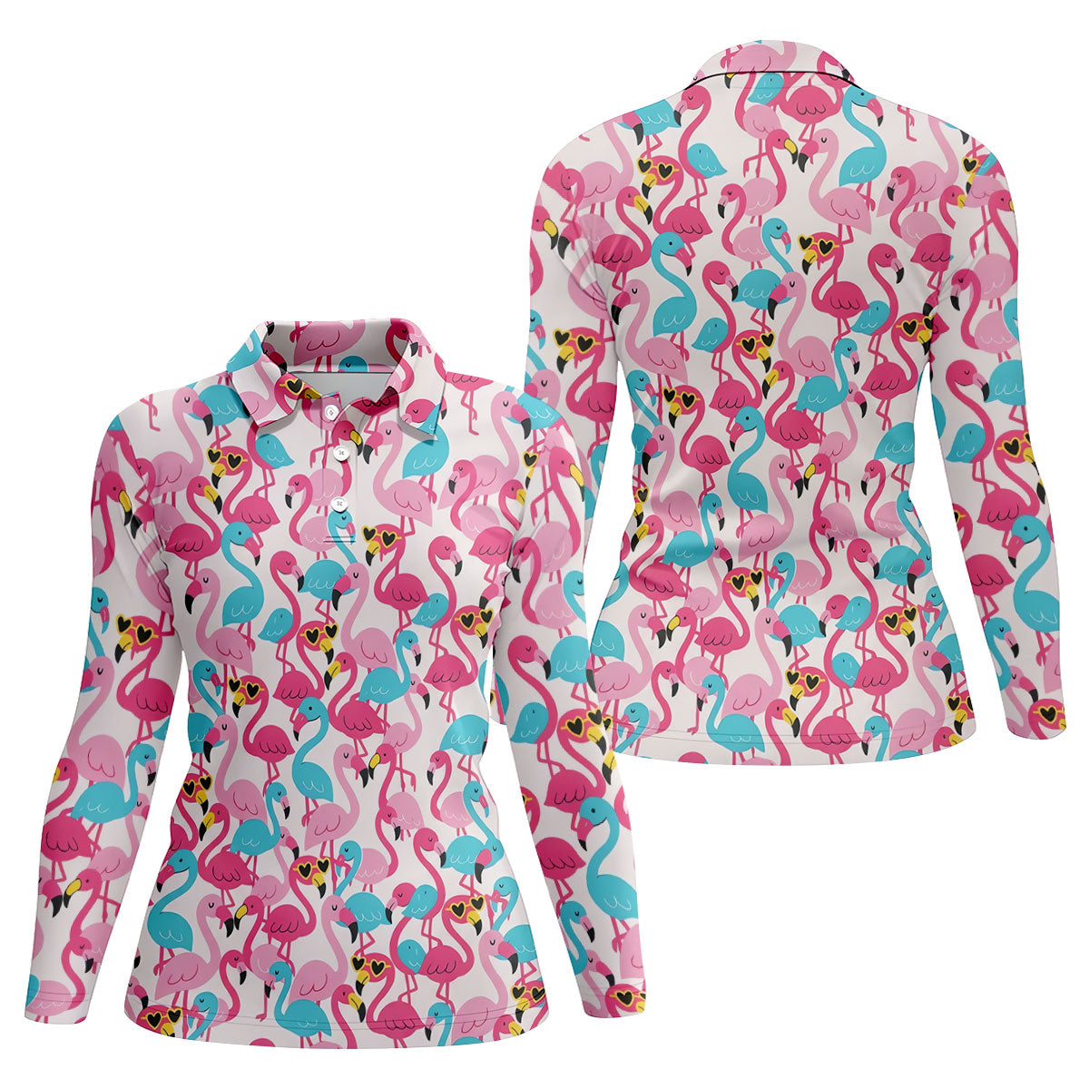 Cute Pink Flamingo Pattern Golf Polo Shirt, Womens Golf Polo, Golf Shirts For Women