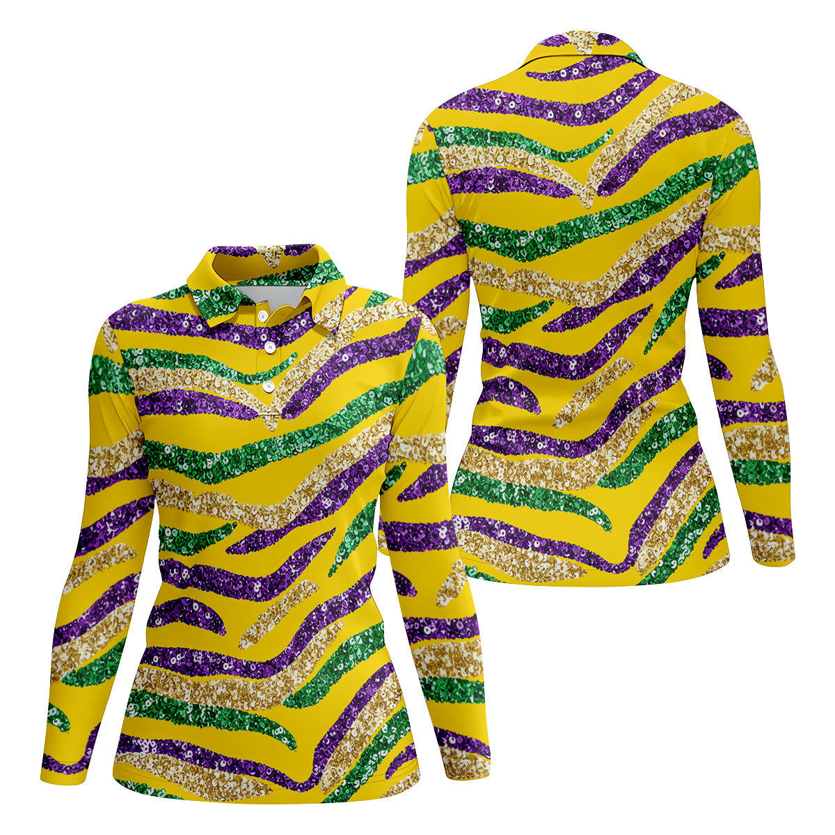 Purple Green Gold Sequin Pattern Yellow Golf Shirt, Mardi Gras Golf Shirt, Women's Golf Tops, Ladies Golf Shirts
