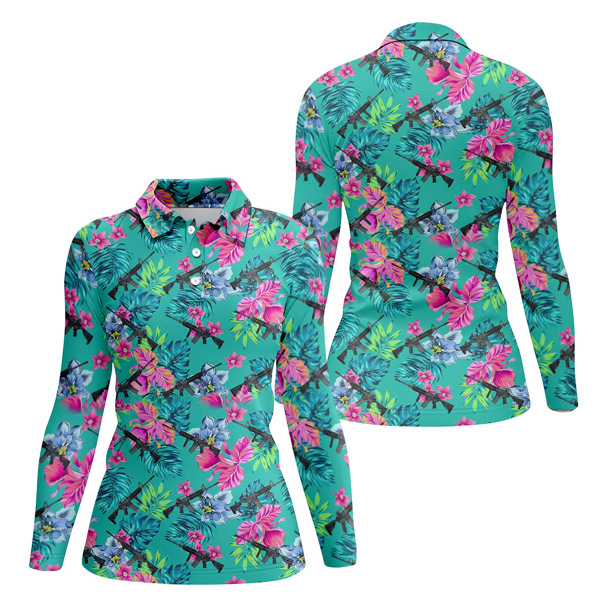 Hawaiian Floral With Army Theme Women Golf Top, Ladies Golf Shirts, Golfing Apparel