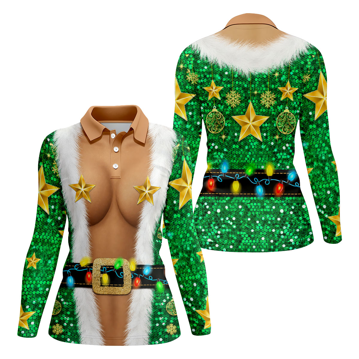 Green Santa Gold Stars Christmas Golf Polo Shirt, Ladies Golf Shirt, Women’s Golf Apparel