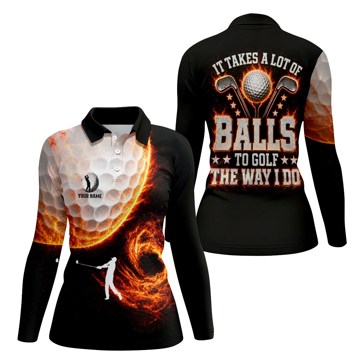 Custom Your Name Fire Golf Ball Polo Shirt, Golf Tops For Women, Women's Golf Apparel