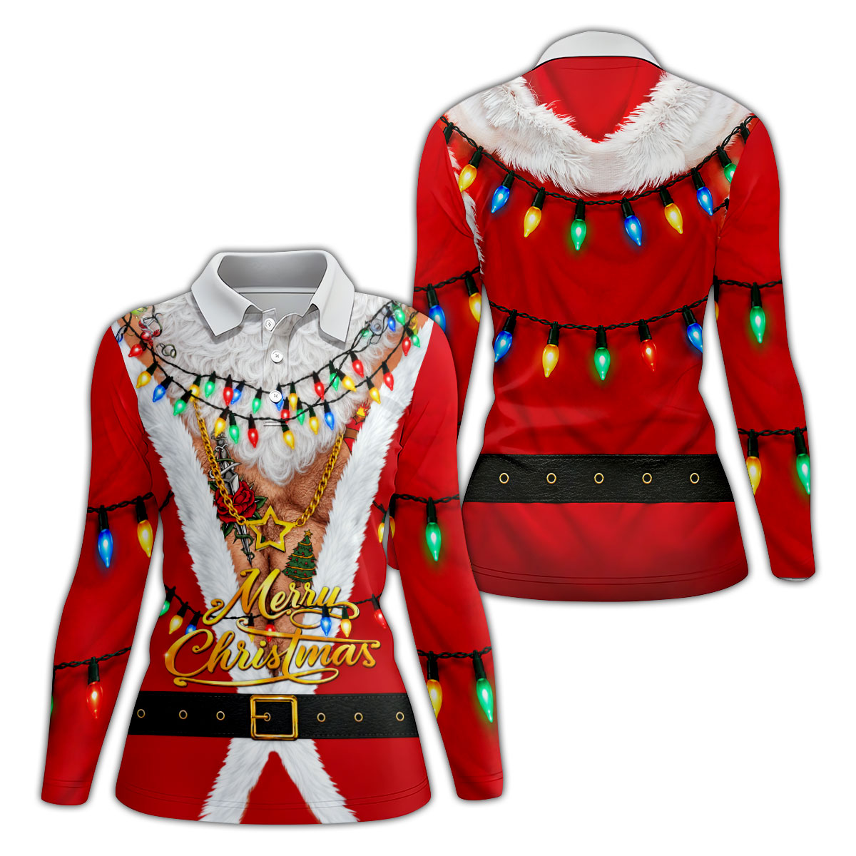Merry Christmas Santa Lights Gold Chain Polo Shirt, Women’s Golf Polo, Golf Tops For Women