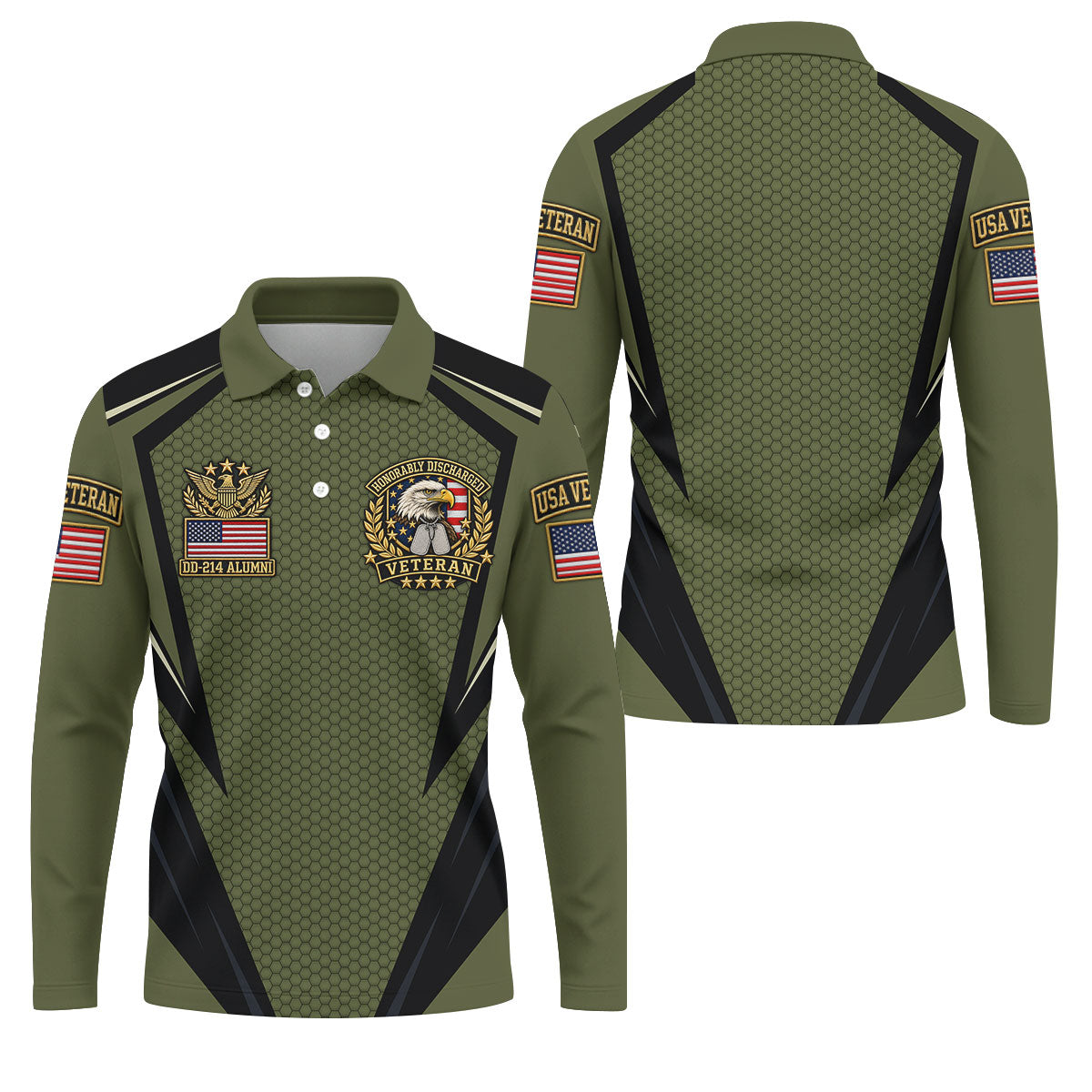 DD-214 Olive Hexagon Golf Polo Shirt, Golf Apparel For Men, Veterans Day Golf Shirt