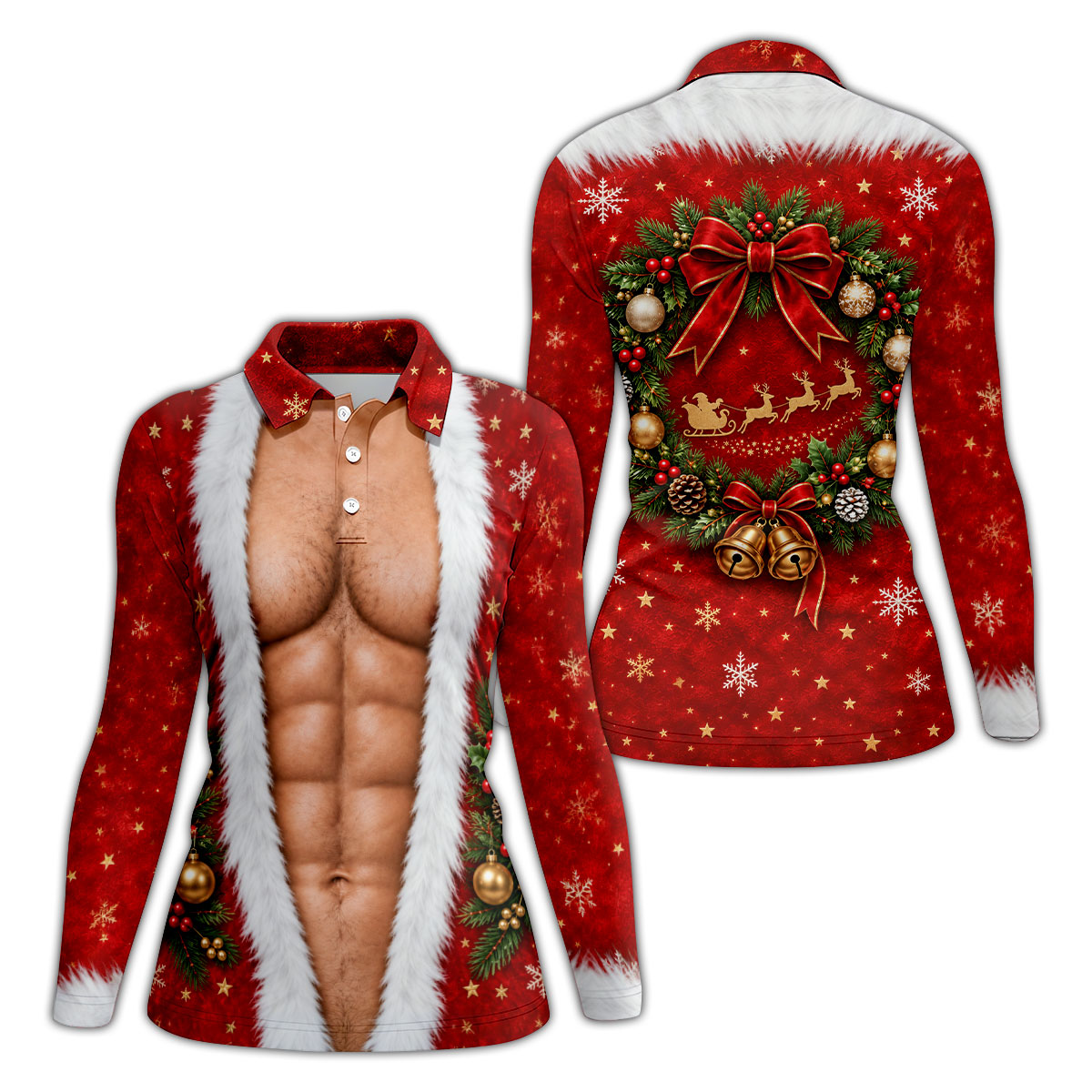 Santa Muscle Body Christmas Golf Shirt, Womens Golf Tops, Ladies Golf Shirts
