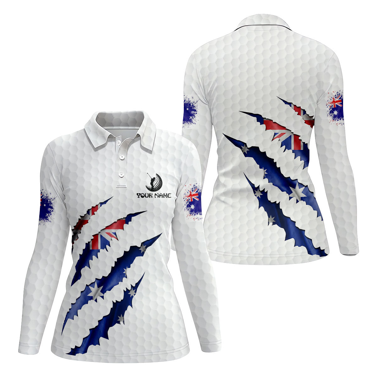 Golf Ball Pattern Australia Flag Print Scratch Effect Ladies Golf Tops, Golf Shirt For Women
