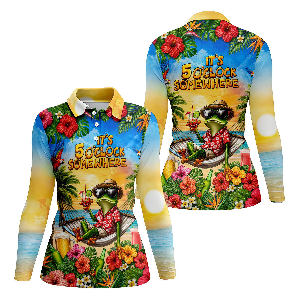 Frog Hammock 5 Oclock Somewhere Tropical Golf Shirt, Ladies Golf Shirts, Women’s Golf Apparel