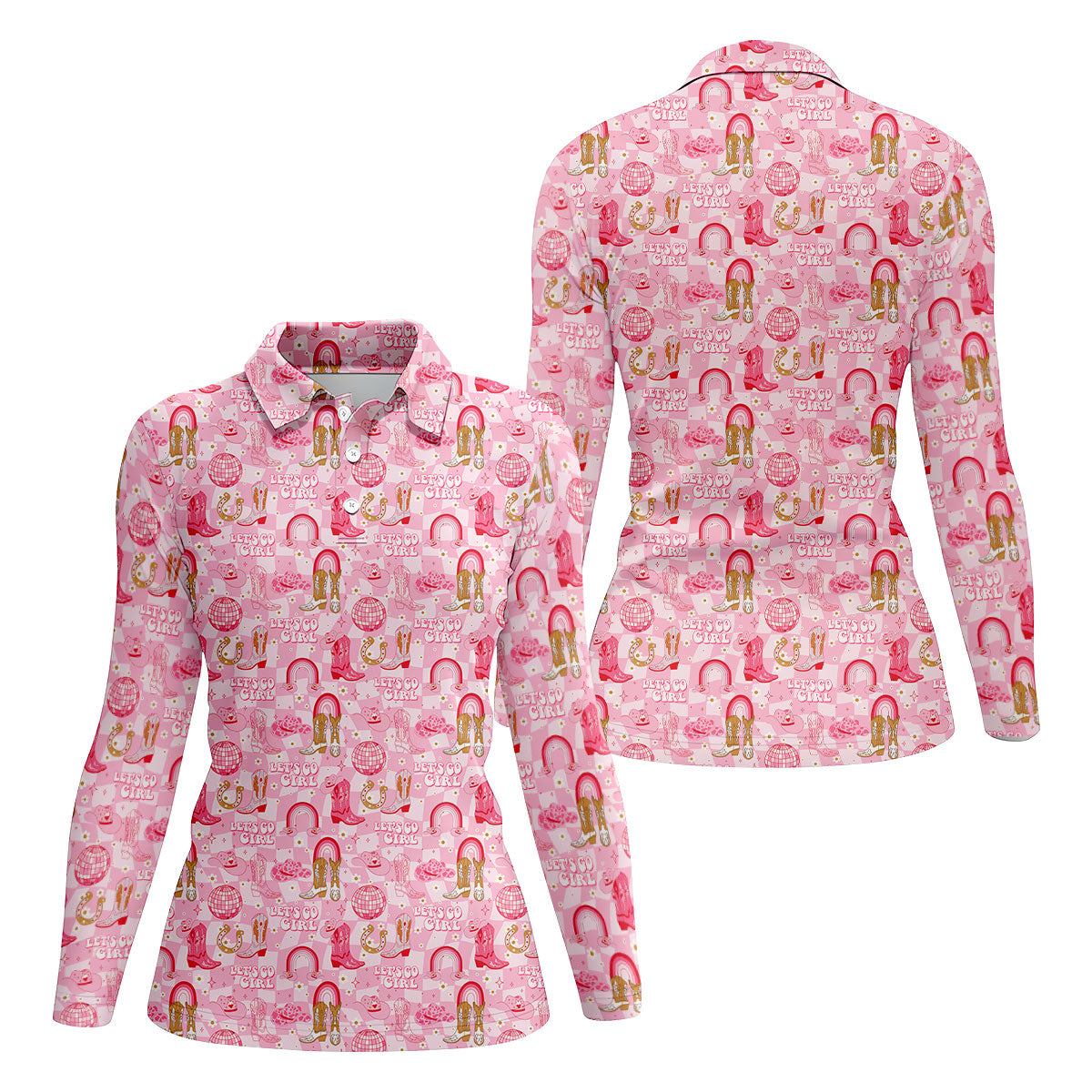 Let's Go Girl Pink Checkered Western Cowgirl Women's Golf Tops, Ladies Golf Polos, Golf Shirt For Women