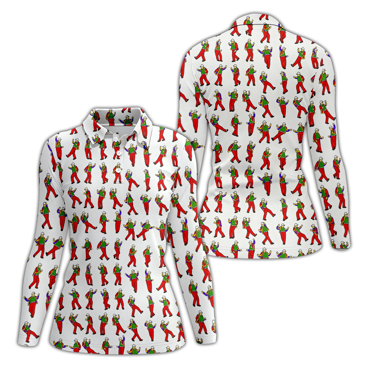 Colorful Dancing Character Pattern Polo Shirt, Printed Golf Shirt, Women’s Golf Apparel