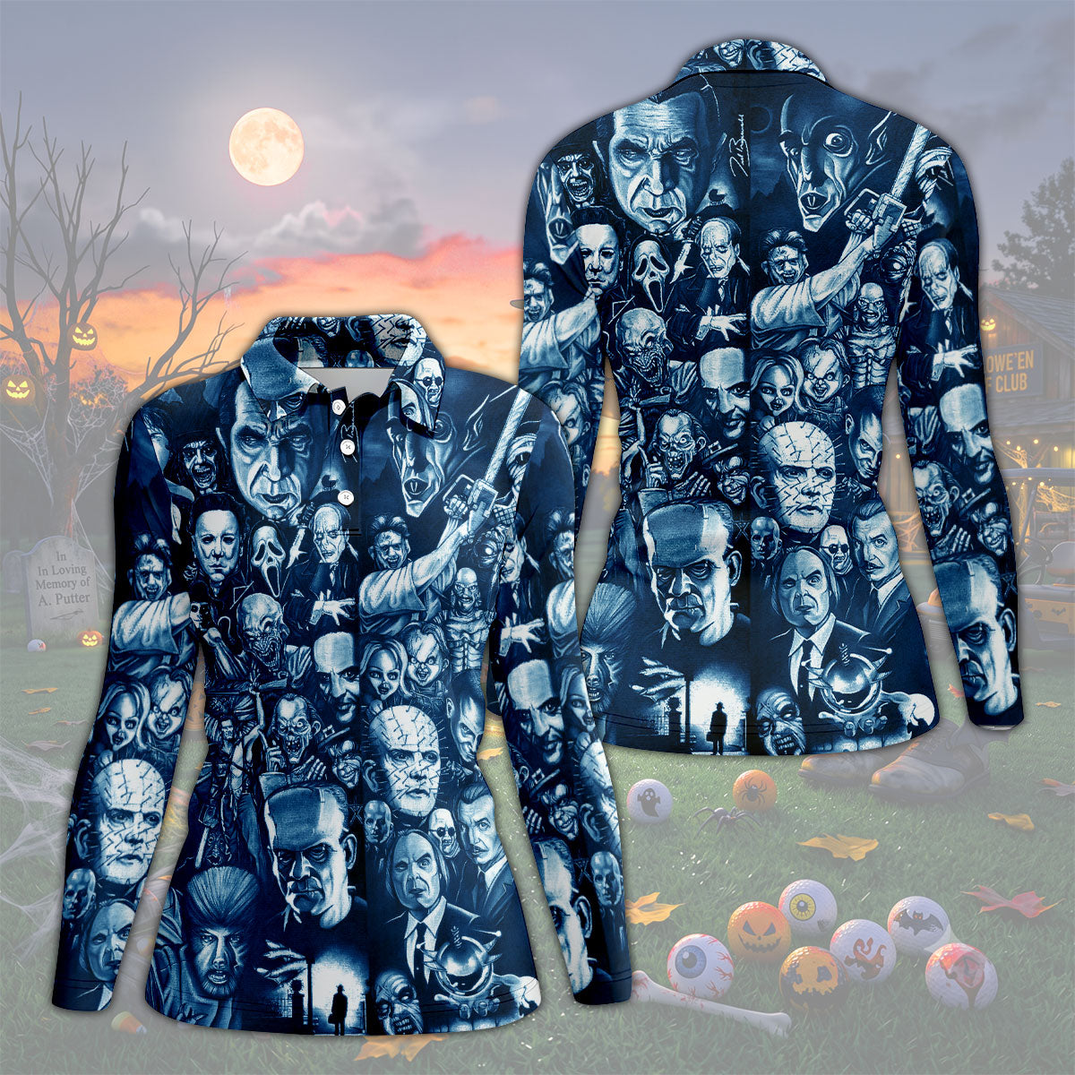 Horror Character Collage Halloween Polo Shirt, Printed Golf Shirt, Golf Tops For Women