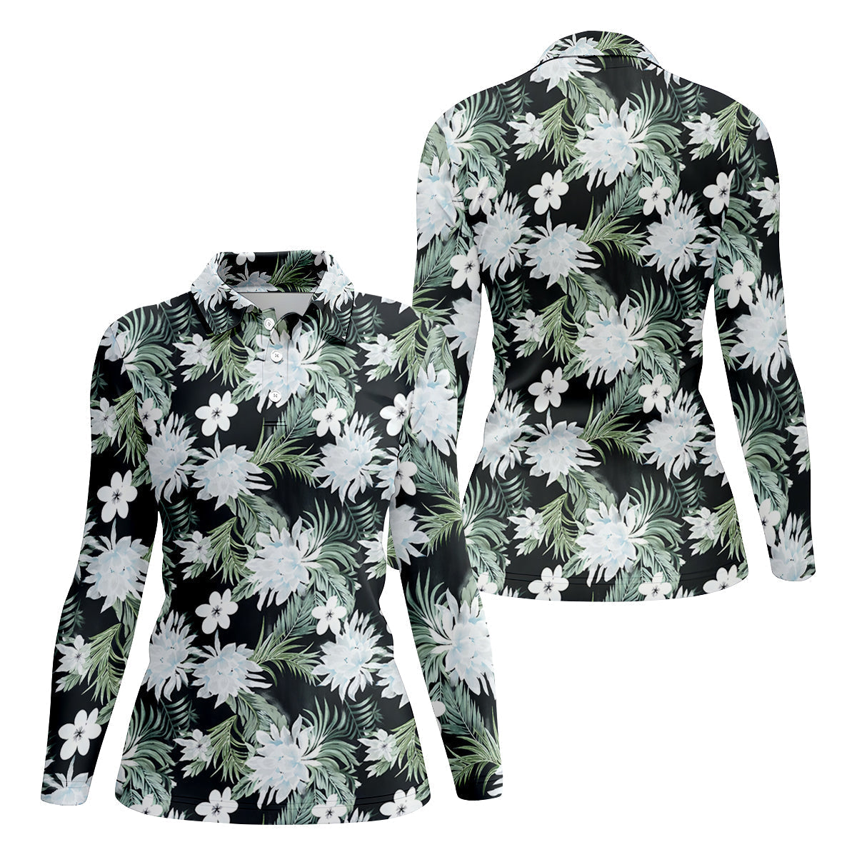 White Flower Tropical Hawaiian Vibe Women's Golf Shirts, Women's Golf Tops, Ladies Golf Shirts