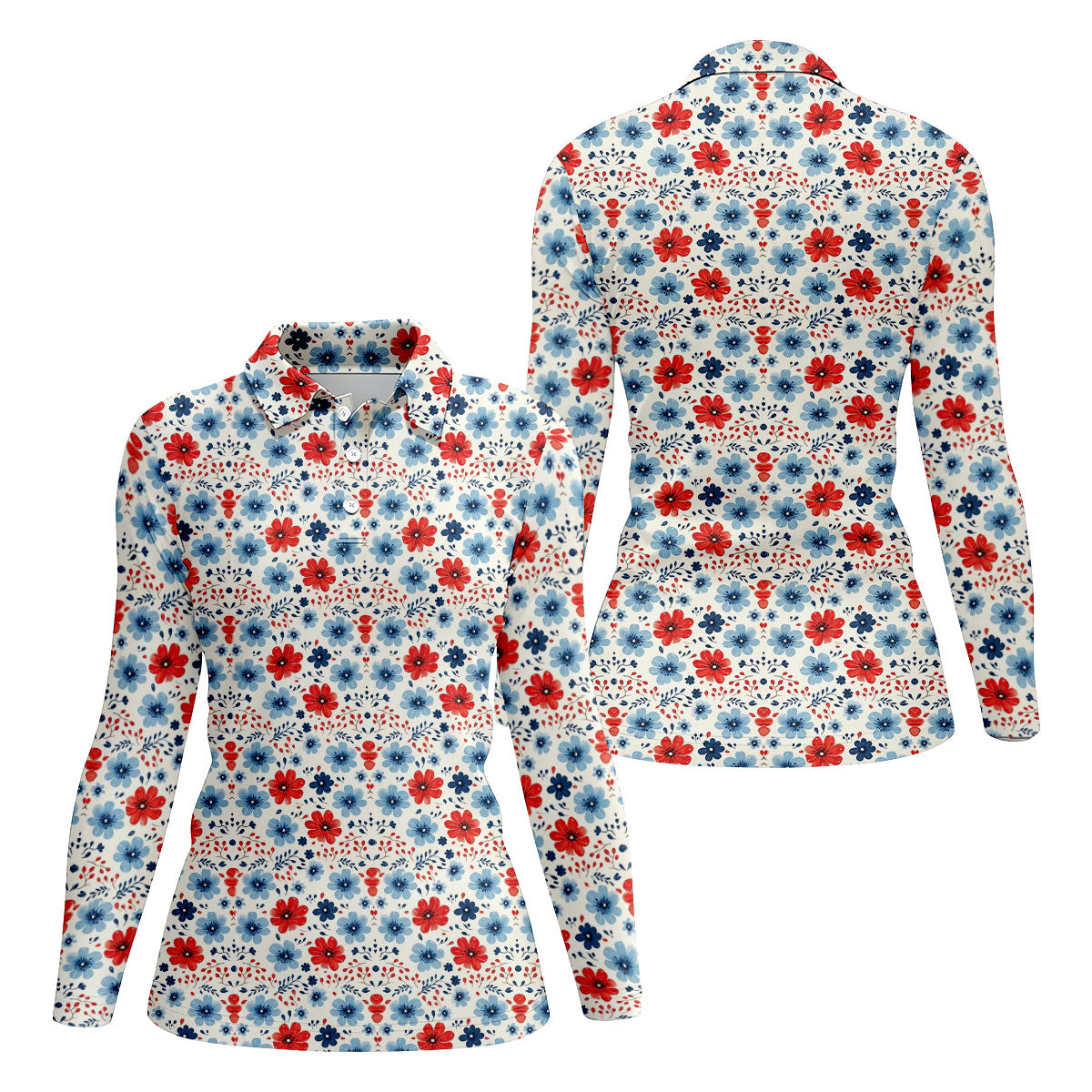 Red White Blue Floral Pattern 250th Anniversary Patriotic Golf Shirt, 4th Of July Golf Shirt For Women