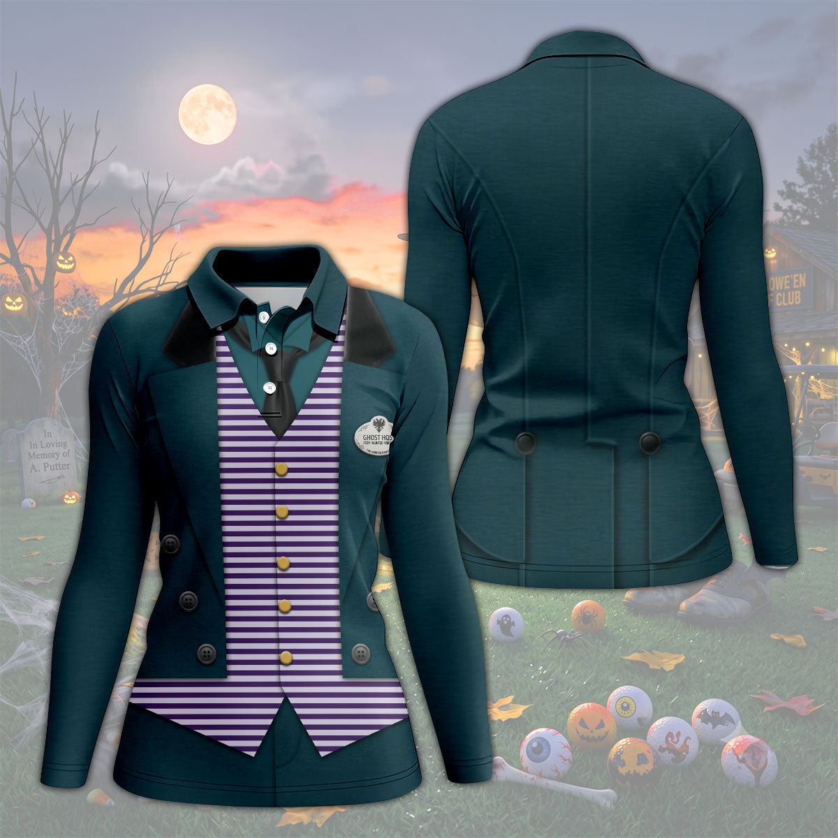 Ghostly Butler Costume Halloween Polo Shirt, Ladies Golf Shirt, Women’s Golf Polo