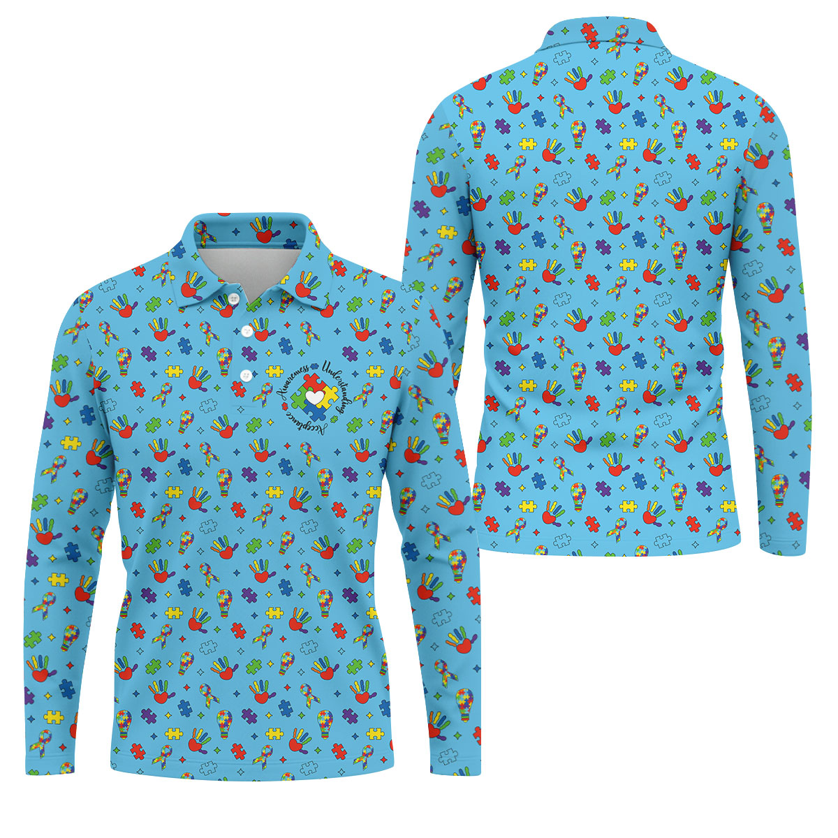 Awareness Understanding Acceptance Autism Ribbon Blue Golf Shirt, Autism Awareness Colors Golf Shirts For Men