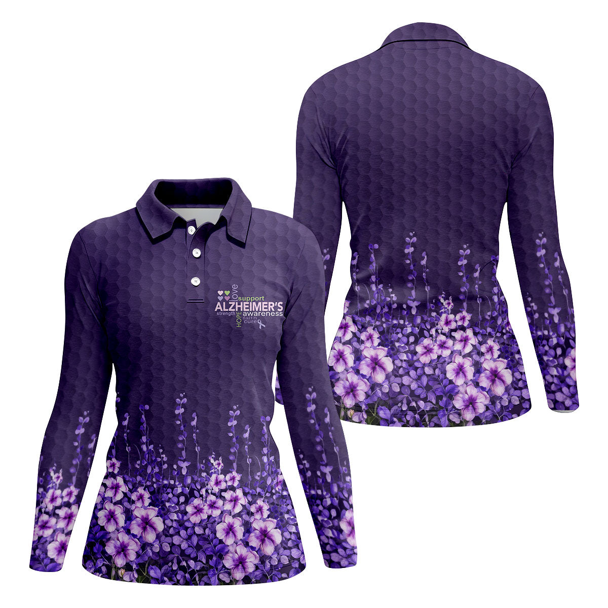 Purple Alzheimer's Awareness Floral Polo Shirt, Golf Shirts For Women, Women’s Golf Polo