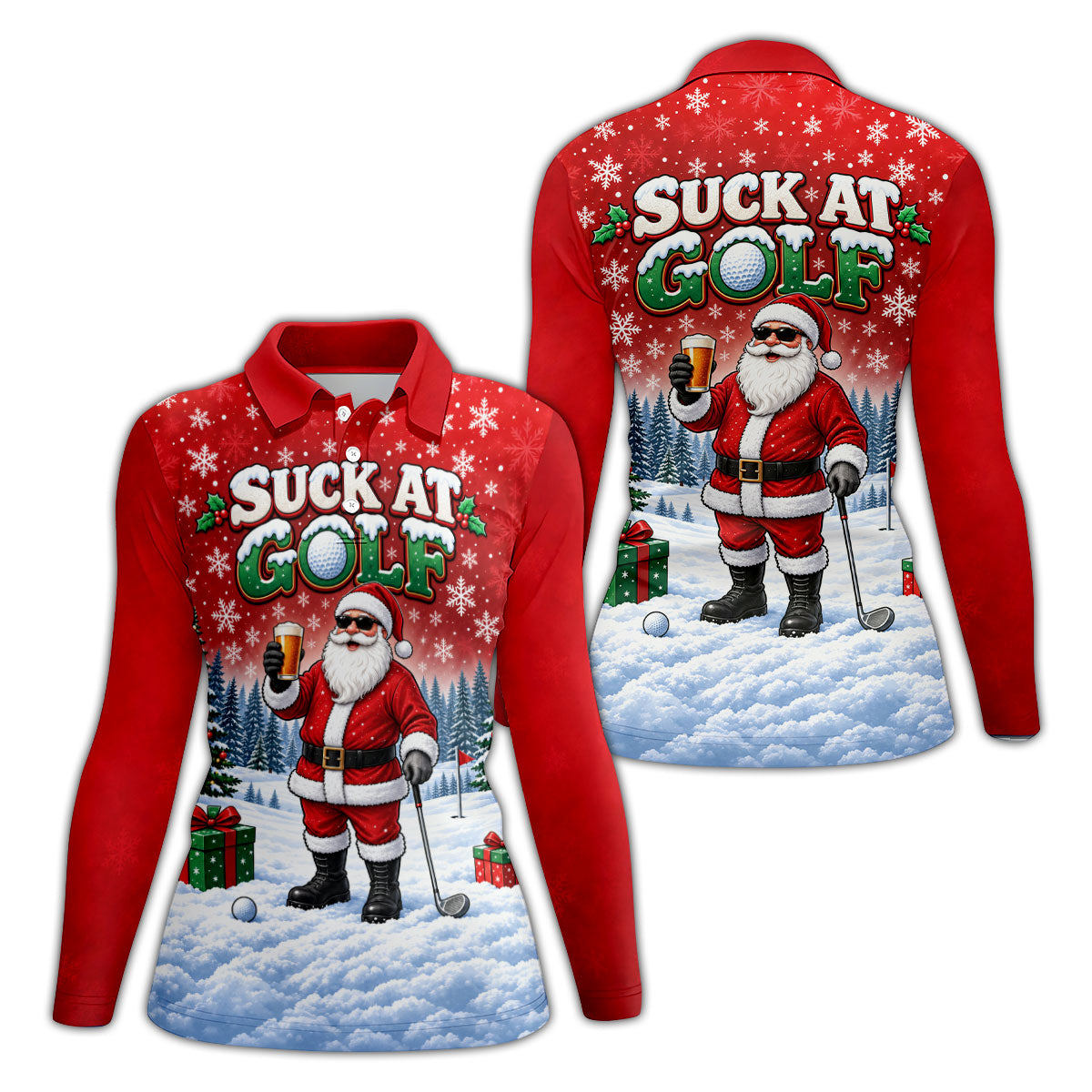 Suck At Golf Santa Beer Christmas Golf Shirt, Ladies Golf Shirts, Golf Tops For Women