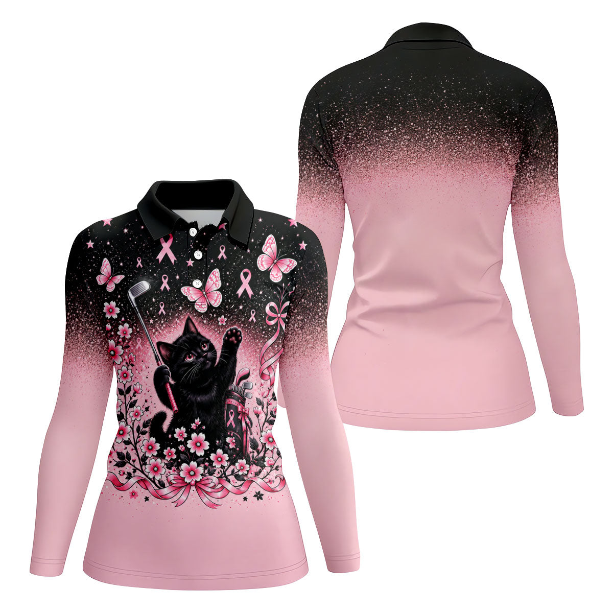 Black Cat Breast Cancer Ribbons Polo Shirt, Womens Golf Tops, Golf Polo For Women