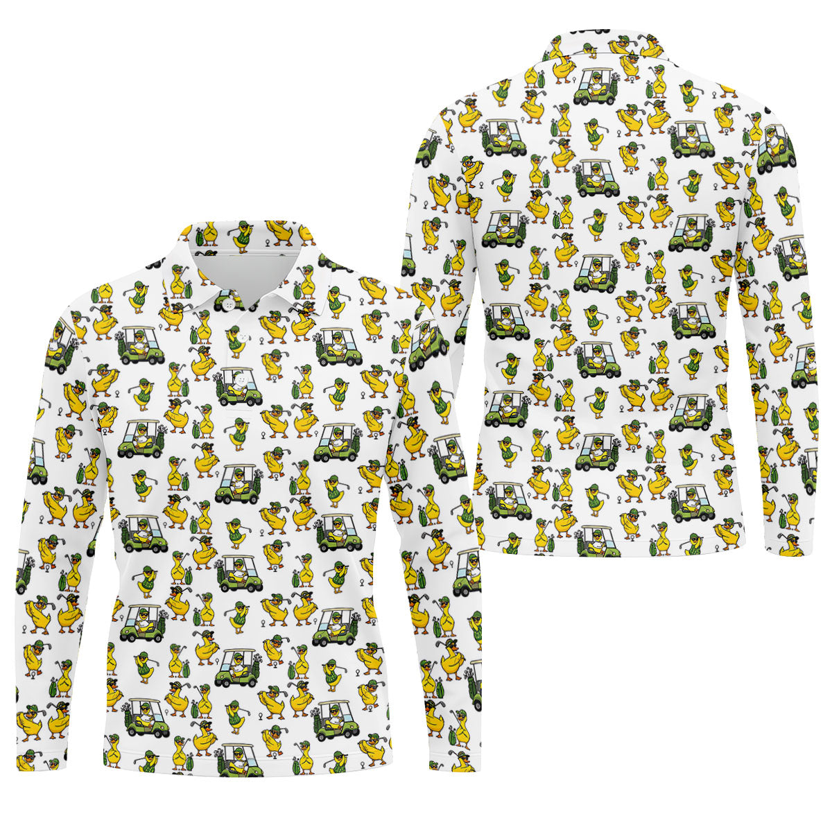 Funny Golfing Duck And Golf Cart Pattern Polo Shirt, Mens Golf Polo, Golf Shirts For Men