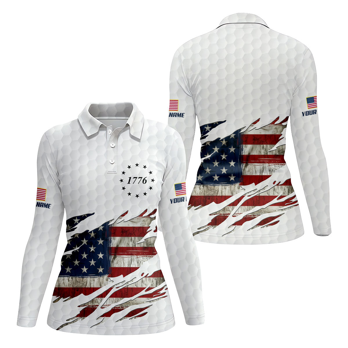 American Flag Cross Golf Ball Pattern Women's Golf Tops, 250th Anniversary Ladies Golf Shirts