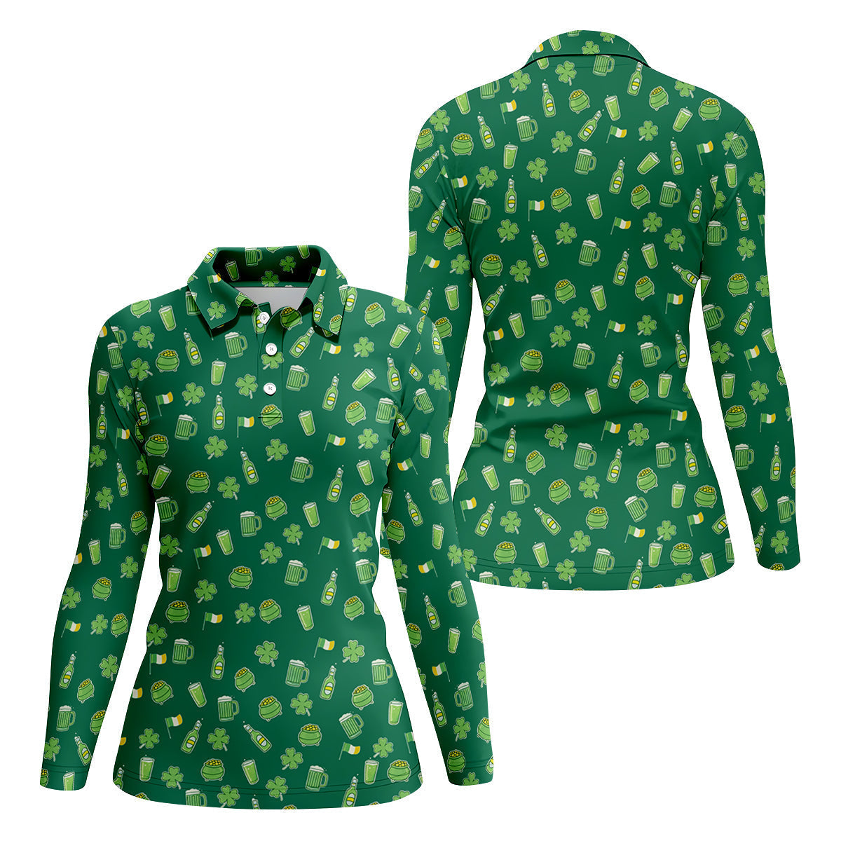 St Patrick's Day Beer Four Leaf Clovers Gold Pots Green Golf Shirt, Women's Golf Tops, Ladies Golf Polos