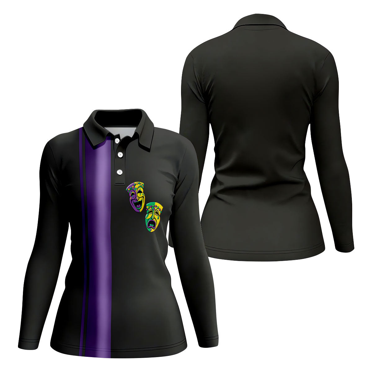 Melpomene And Thalia Theatrical Masks Purple Stripe Mardi Gras Golf Shirt, Women's Golf Tops, Ladies Golf Shirt