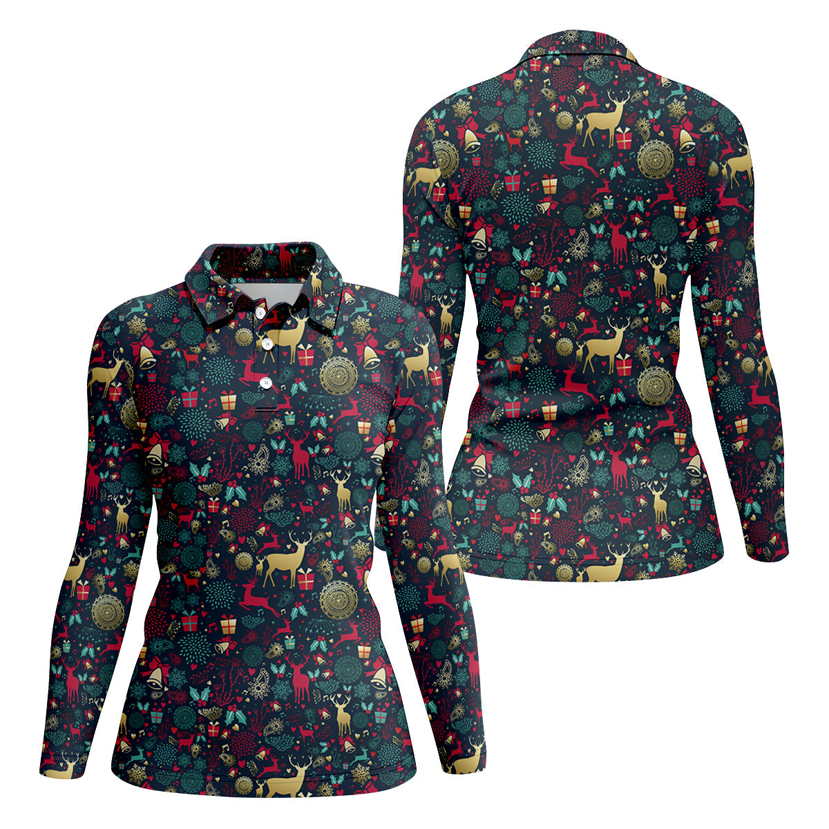 Vintage Reindeer Bell Dark Navy Christmas Golf Tops For Women, Gift Christmas Golf Shirt Polos, Ladies Golf Apparel