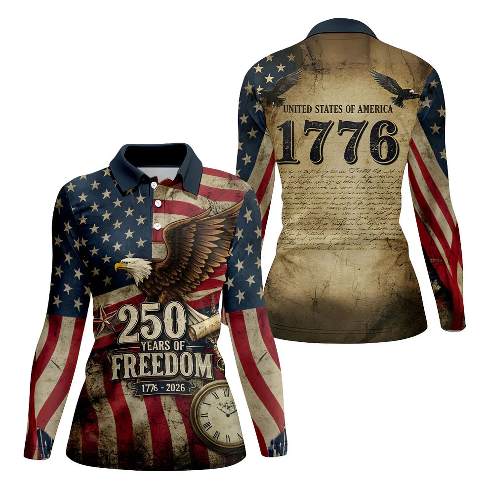 250 Years Of Freedom US Bald Eagle Retro US Flag Ladies Golf Tops, Patriotic 4th Of July Golf Shirt For Women