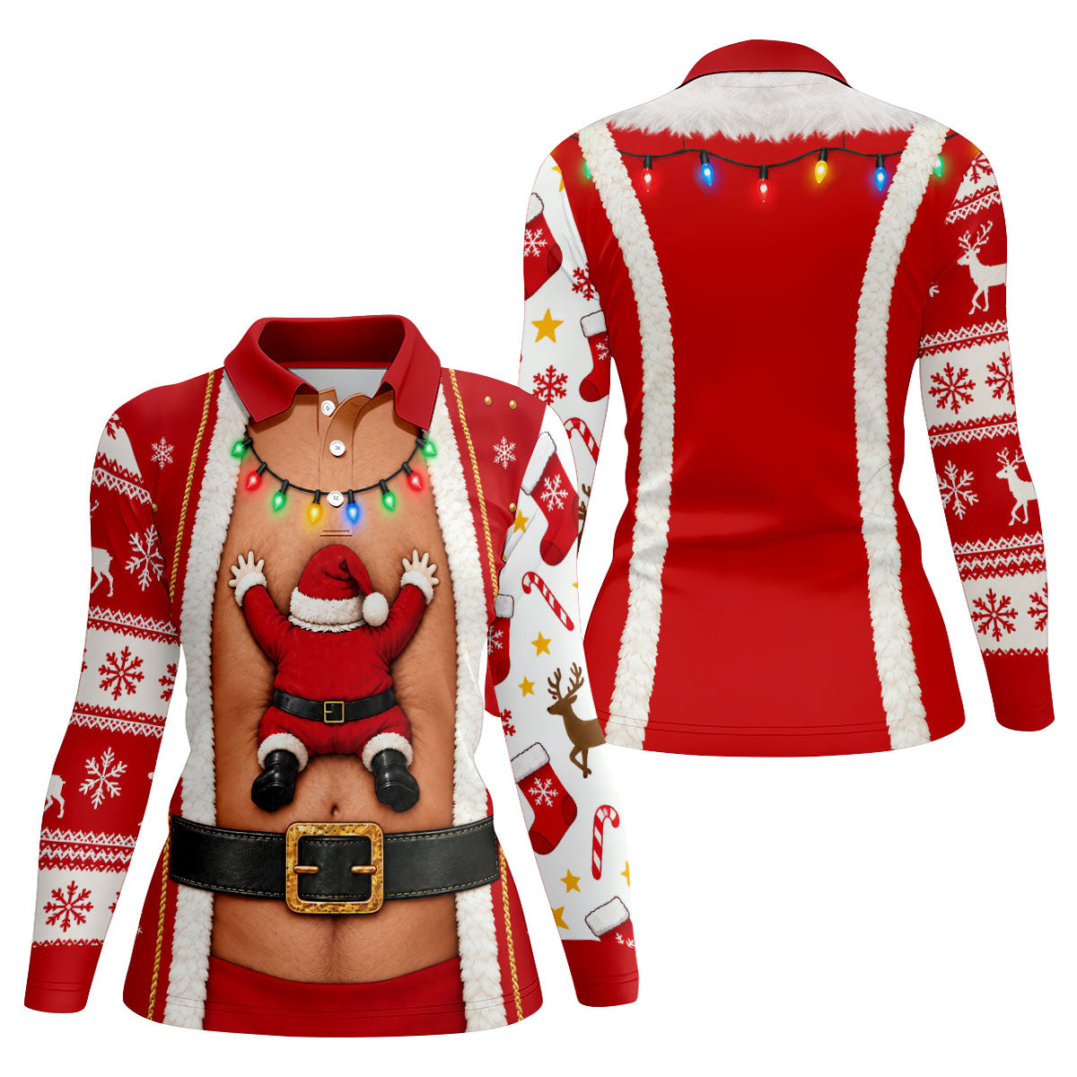 Santa Stuck In Belly Christmas Golf Shirt, Golf Shirts For Women, Womens Golf Tops