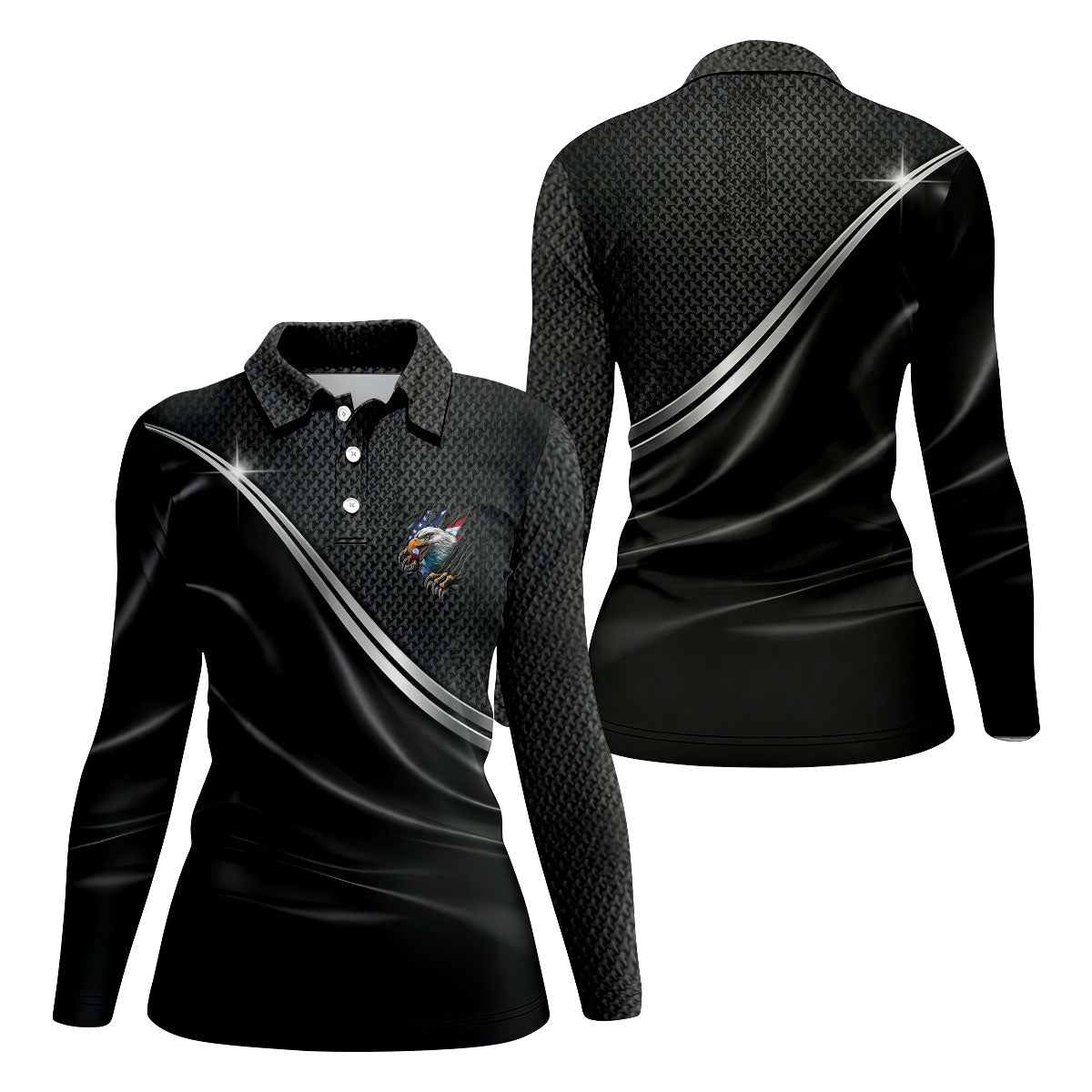 US Bald Eagle Flag Ripped Effect Patriotic Black Golf Shirt, 250 Years 4th Of July Golf Shirt For Women