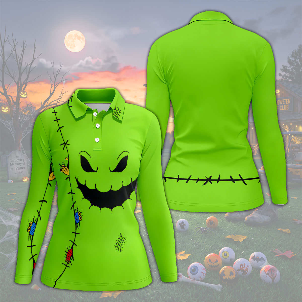 Halloween Monster Face Sleeveless Golf Polo Shirt, Women's Golf Tops, Golf Tops For Women
