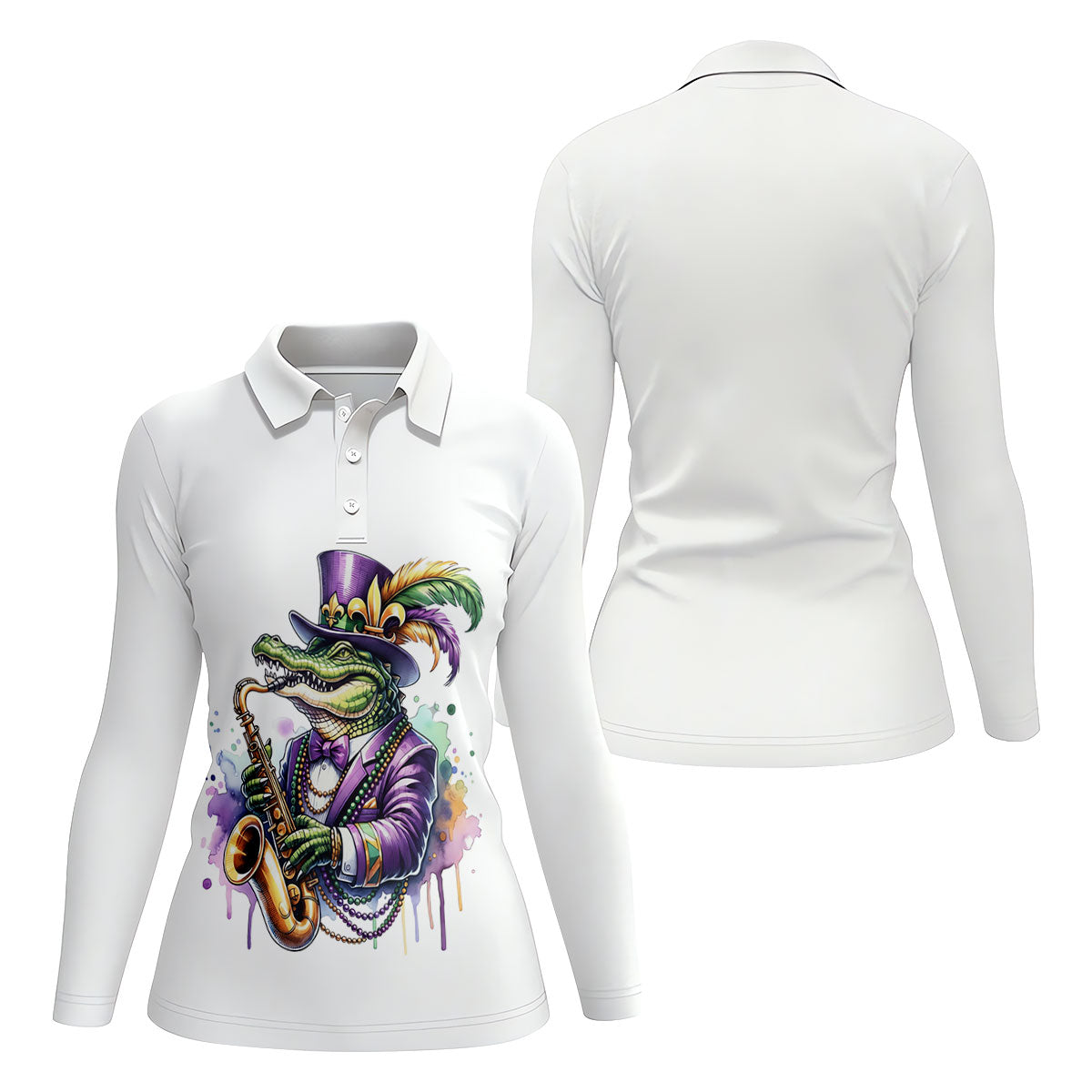 Mardi Gras Alligator Playing Saxophone White Golf Shirt, Women's Golf Tops, Ladies Golf Shirt