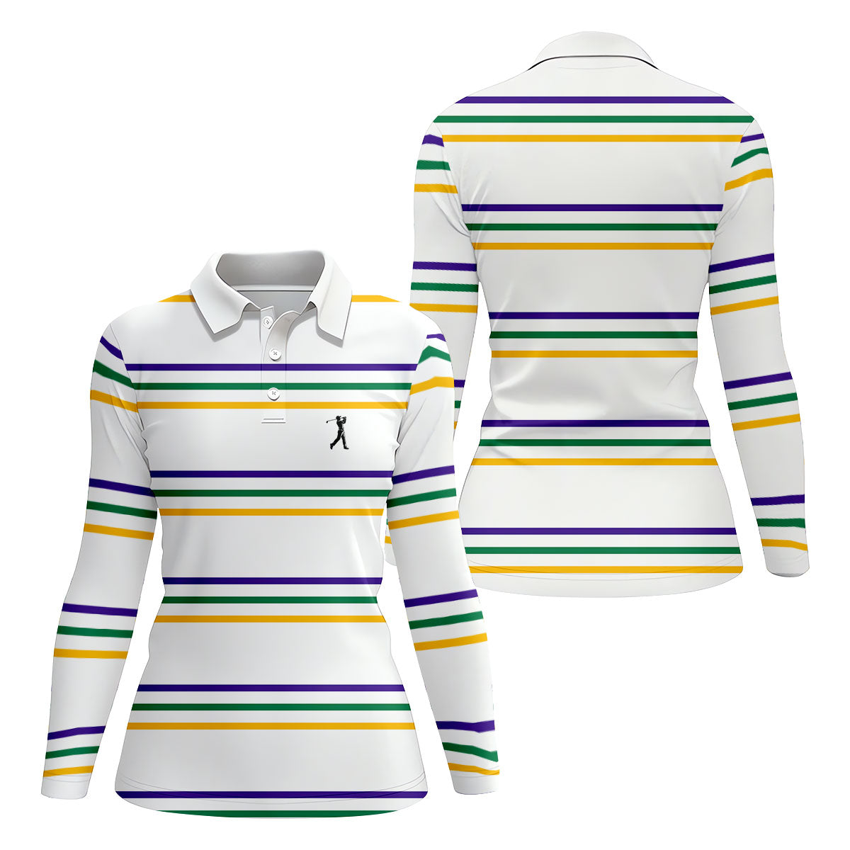 Mardi Gras Purple Green Gold Stripe Pattern Women White Golf Shirt, Ladies Golf Polos, Golf Shirt For Women