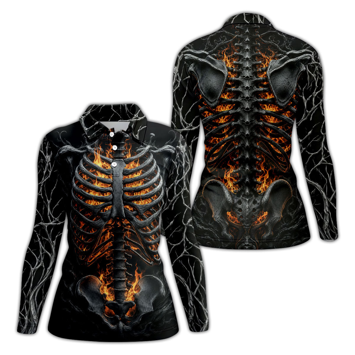 Halloween Fire Skeleton Horror Character Polo Shirt, Ladies Golf Shirts, Womens Golf Tops