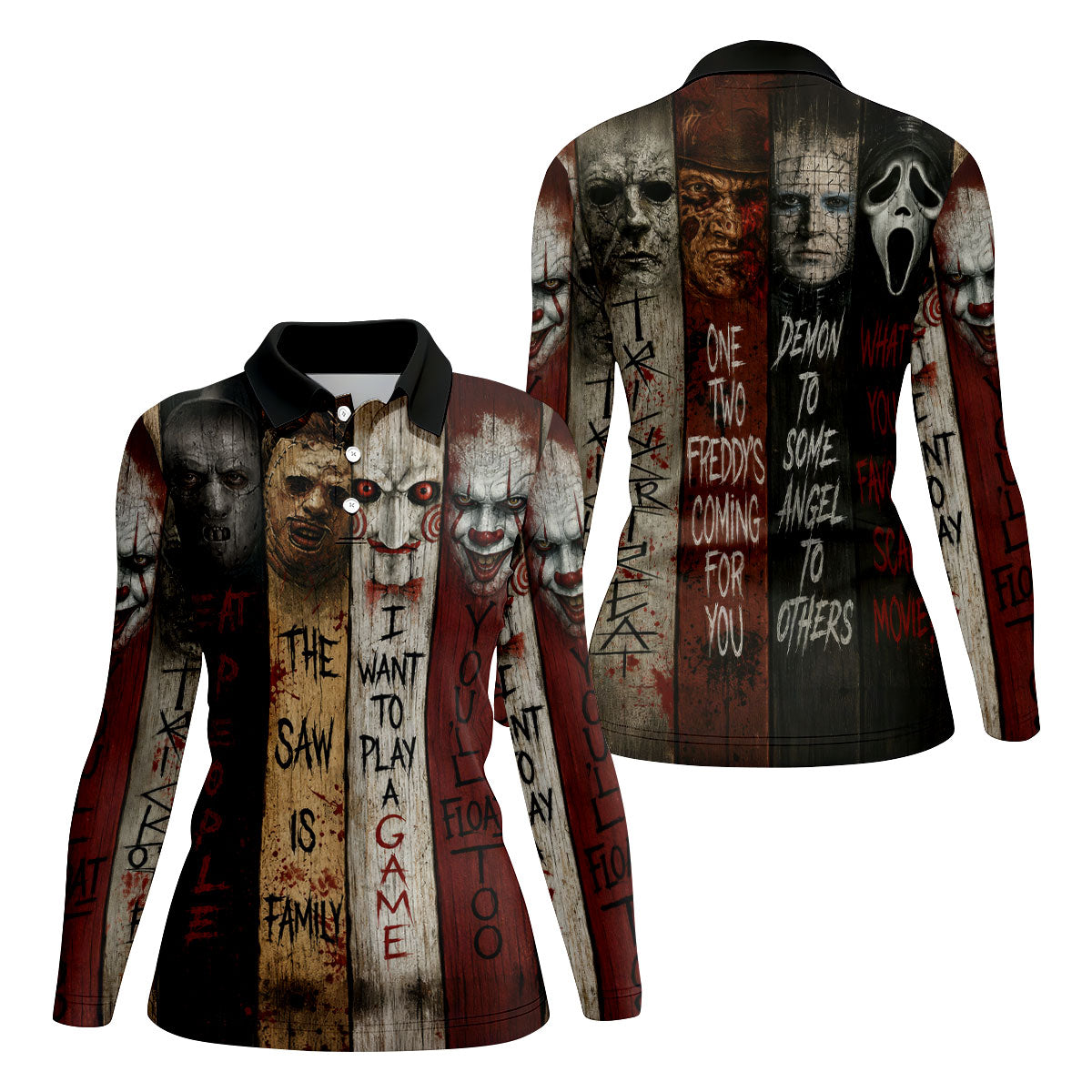 Vintage Wood Panel Horror Character Halloween Golf Shirt, Women's Golf Apparel, Printed Golf Shirt
