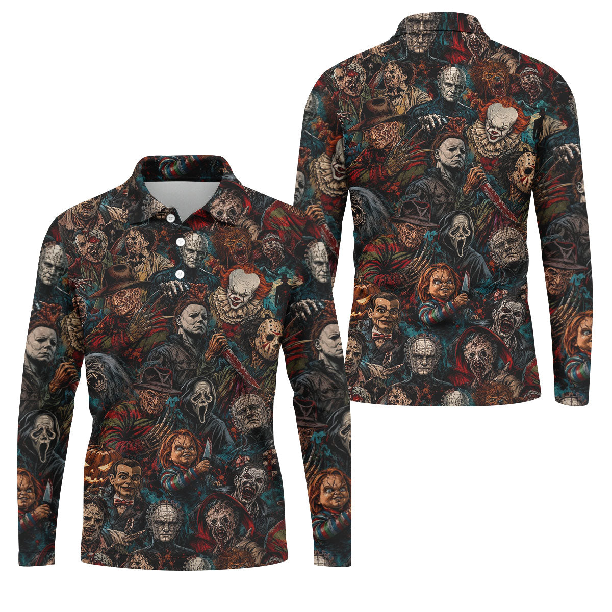 Dark Horror Character Collage Halloween Polo Shirt, Golf Apparel For Men, Mens Polo Shirts