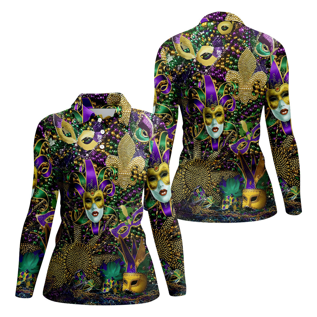 Jester Mask Purple Green Gold Fleur De Lis Beads Mardi Gras Golf Shirt, Women's Golf Tops, Ladies Golf Shirt