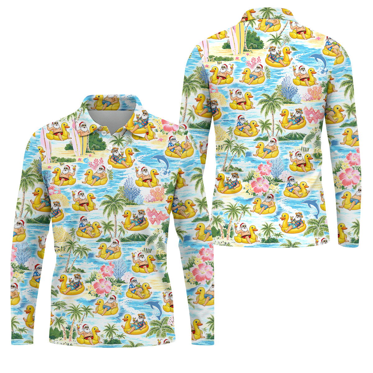Funny Santa Duck Float Tropical Christmas Polo Shirt, Mens Golf Polo, Hawaiian Golf Shirt