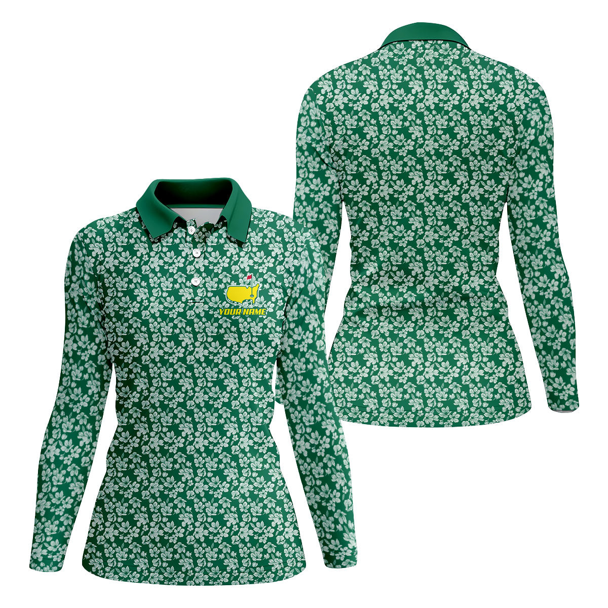Floral Silhouette Green And White Women's Golf Tops, Ladies Golf Shirts, Women's Polo Shirt