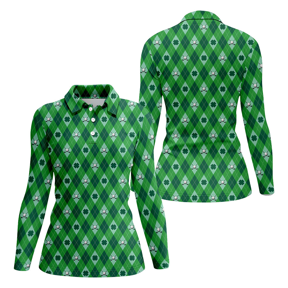 Lucky Four Leaf Clover Golf Ball Pattern Argyle Pattern St Patrick's Day Golf Shirt, Women's Golf Tops