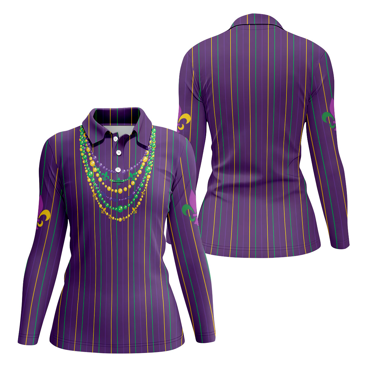 Mardi Gras Beads Necklaces Print Purple Golf Shirt, Women's Golf Shirts, Ladies Golf Polos, Golf Shirt For Women
