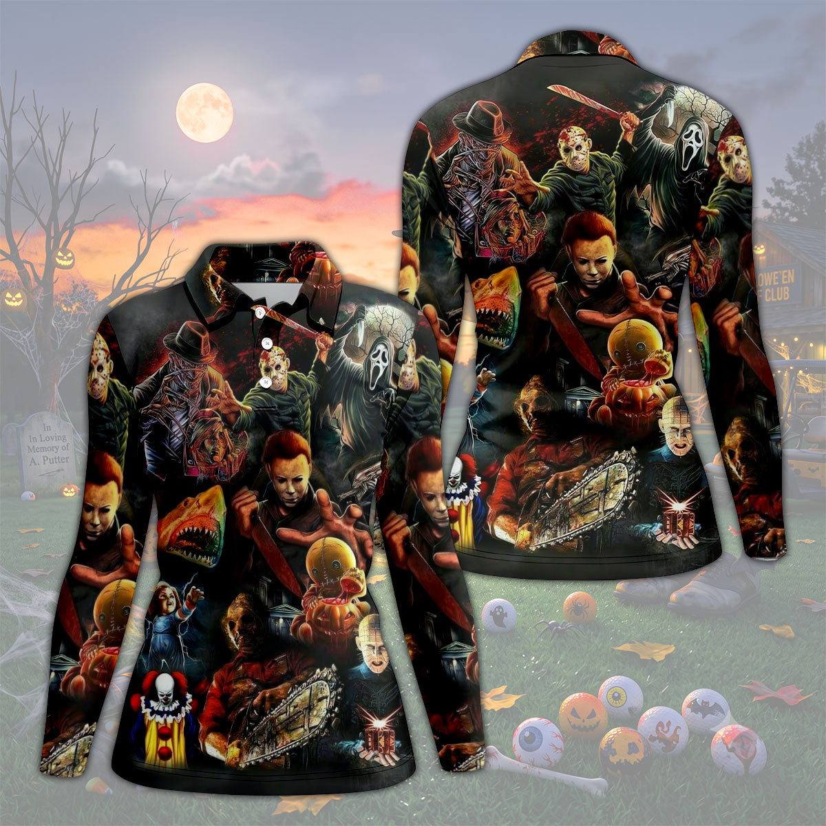 Halloween Horror Character Collage Golf Shirt, Women's Golf Polo, Printed Golf Shirt