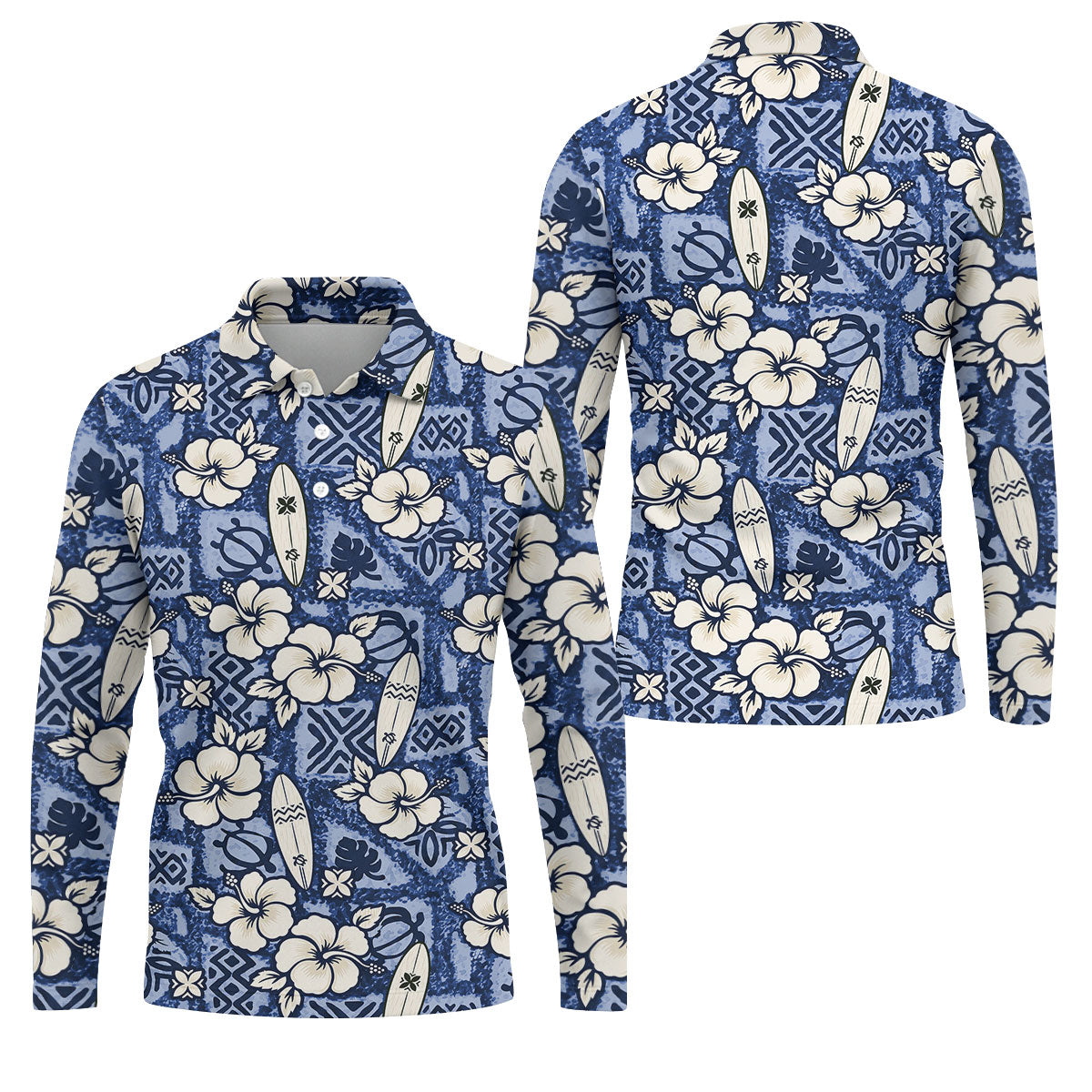 Blue Hawaiian Surfboard Hibiscus Design Hawaiian Golf Shirt, Golf Shirts For Men, Polo Shirts For Men