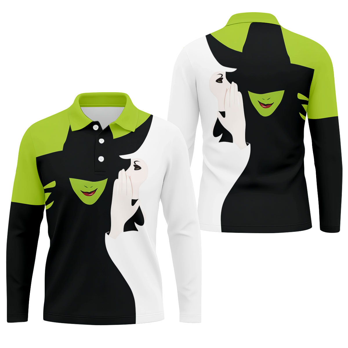 Green & White Witch Faces Halloween Golf Polo Shirt, Golf Apparel, Mens Golf Shirt