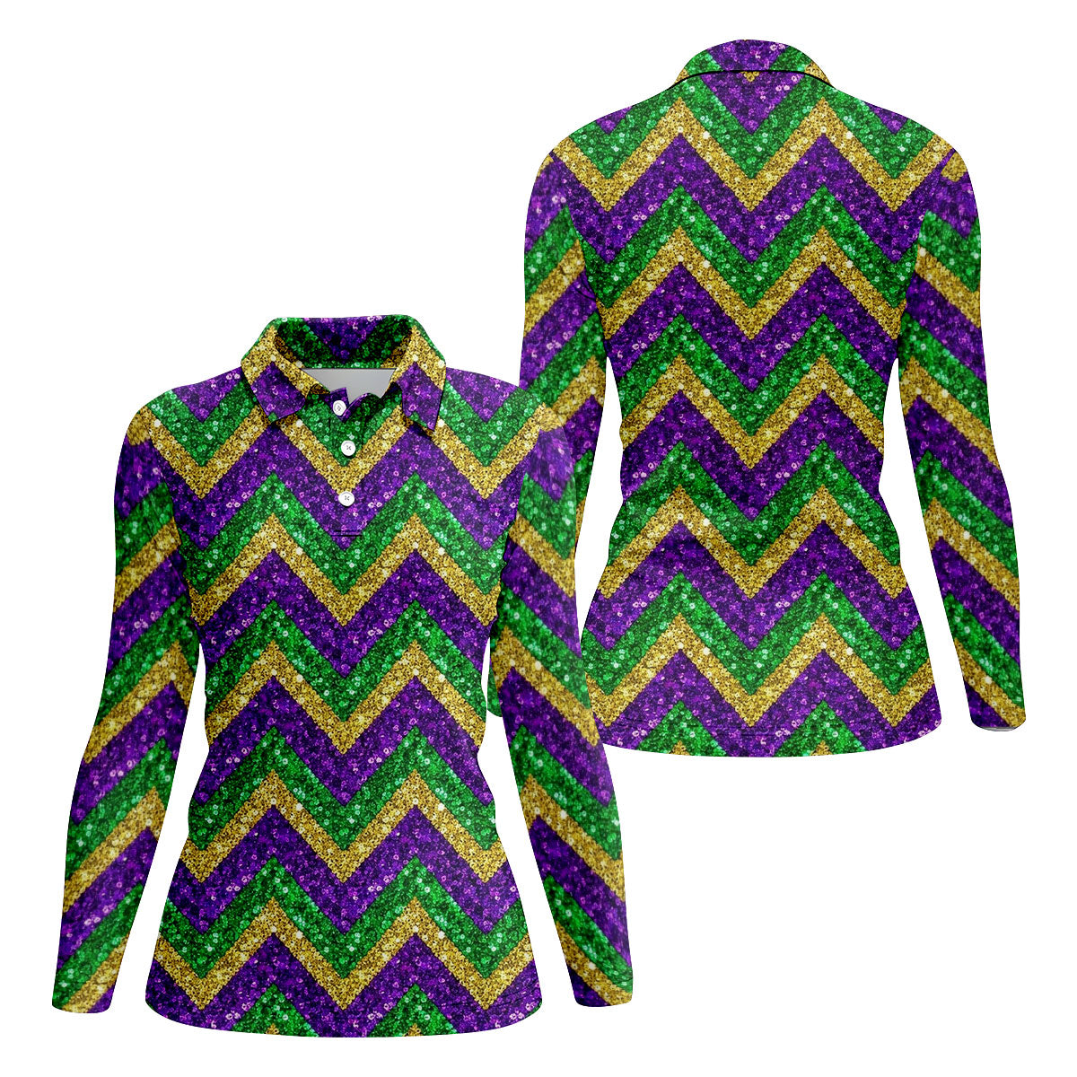 Mardi Gras Purple Gold Green Zigzag Pattern Glitter Print Women's Golf Tops, Women's Golf Shirts, Ladies Golf Polos