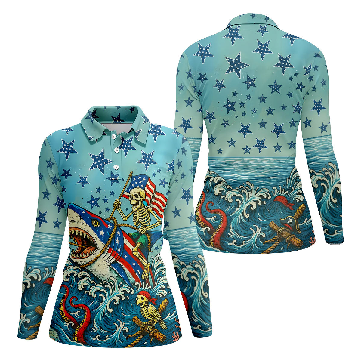 Skeleton Riding Shark Patriotic Golf Shirt, 4th Of July Golf Shirt, 250 Years Golf Shirt For Women