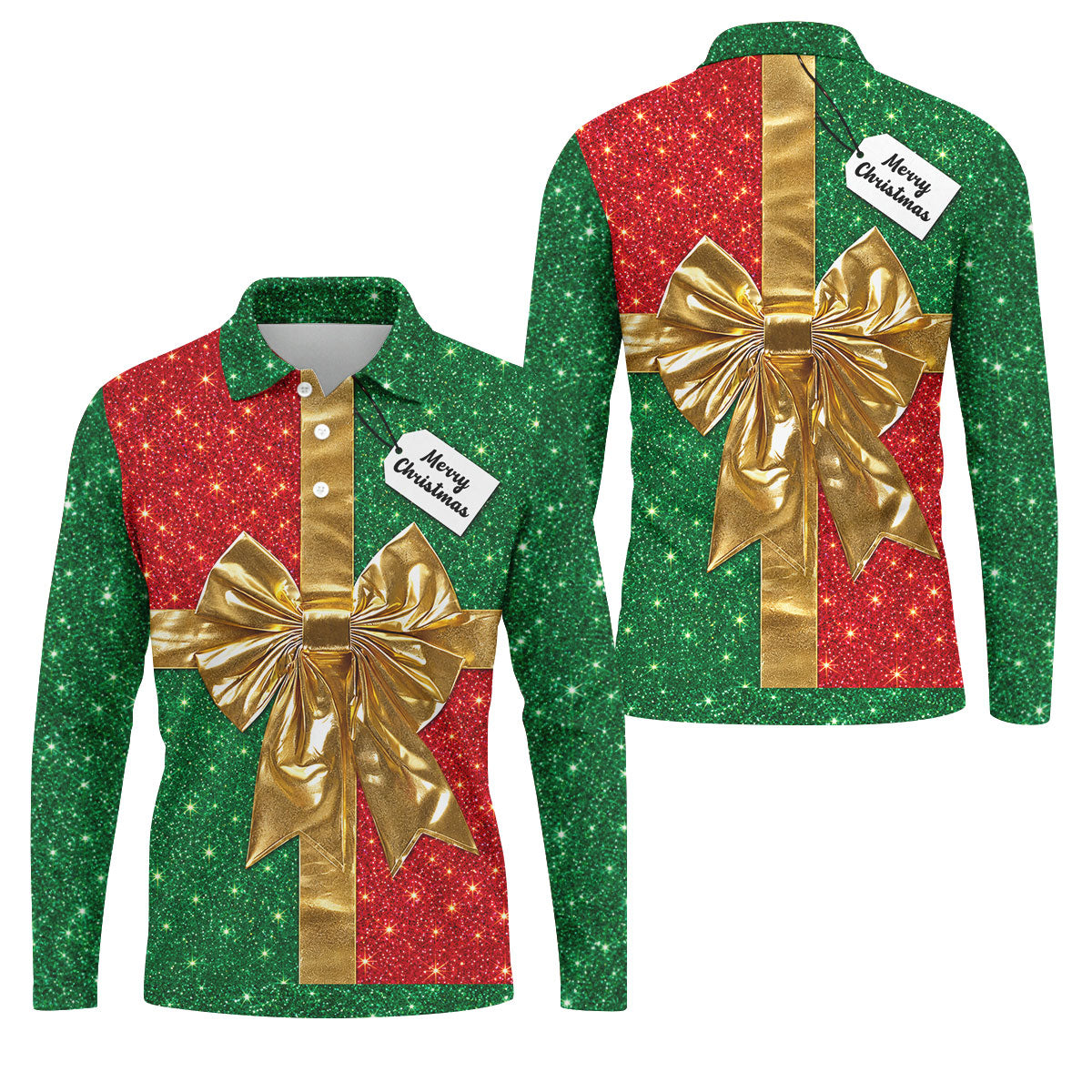 Merry Christmas Golden Gift Bow Golf Polo Shirt, Mens Golf Shirts, Polo Shirts For Men