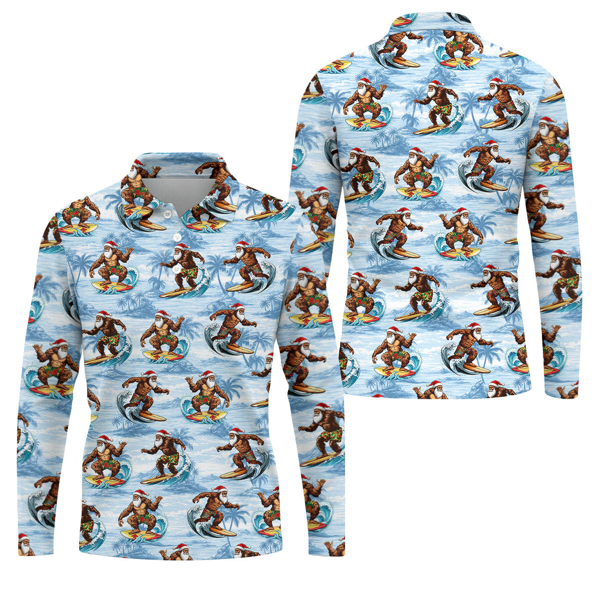 Funny Surfing Santa Bigfoot Christmas Polo Shirt, Mens Golf Polo, Hawaiian Golf Shirt