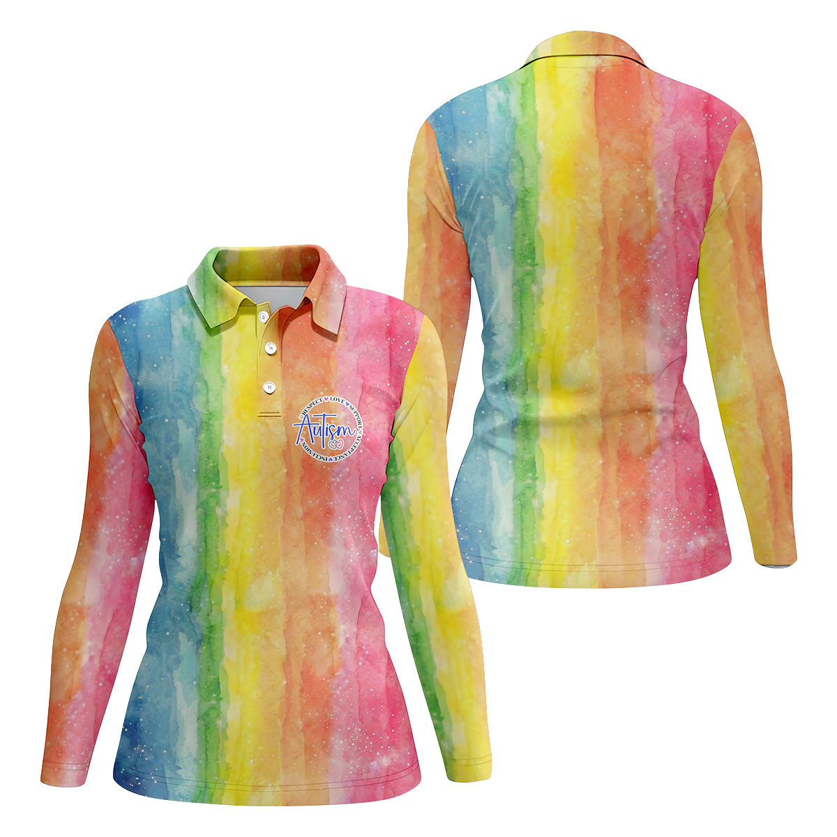 Autism Awareness Watercolor Rainbow Ladies Golf Tops, Women's Golf Shirts, Ladies Golf Polos,