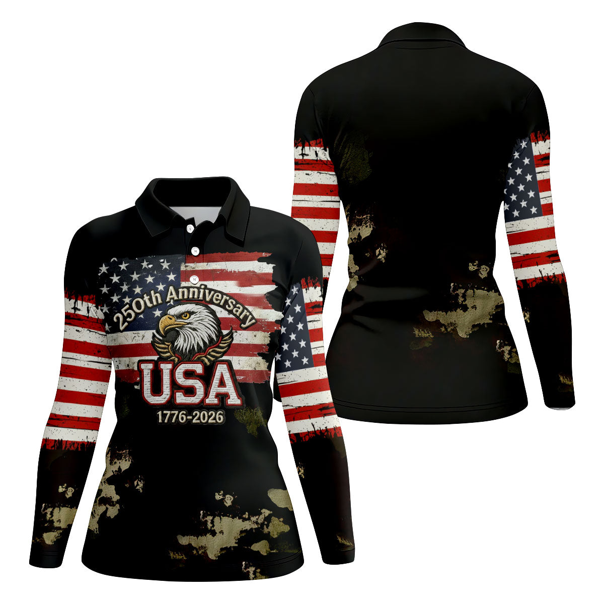 250th Anniversary USA 1776-2026 Distressed Flag Golf Shirt For Women, Patriotic 4th Of July Golf Shirt