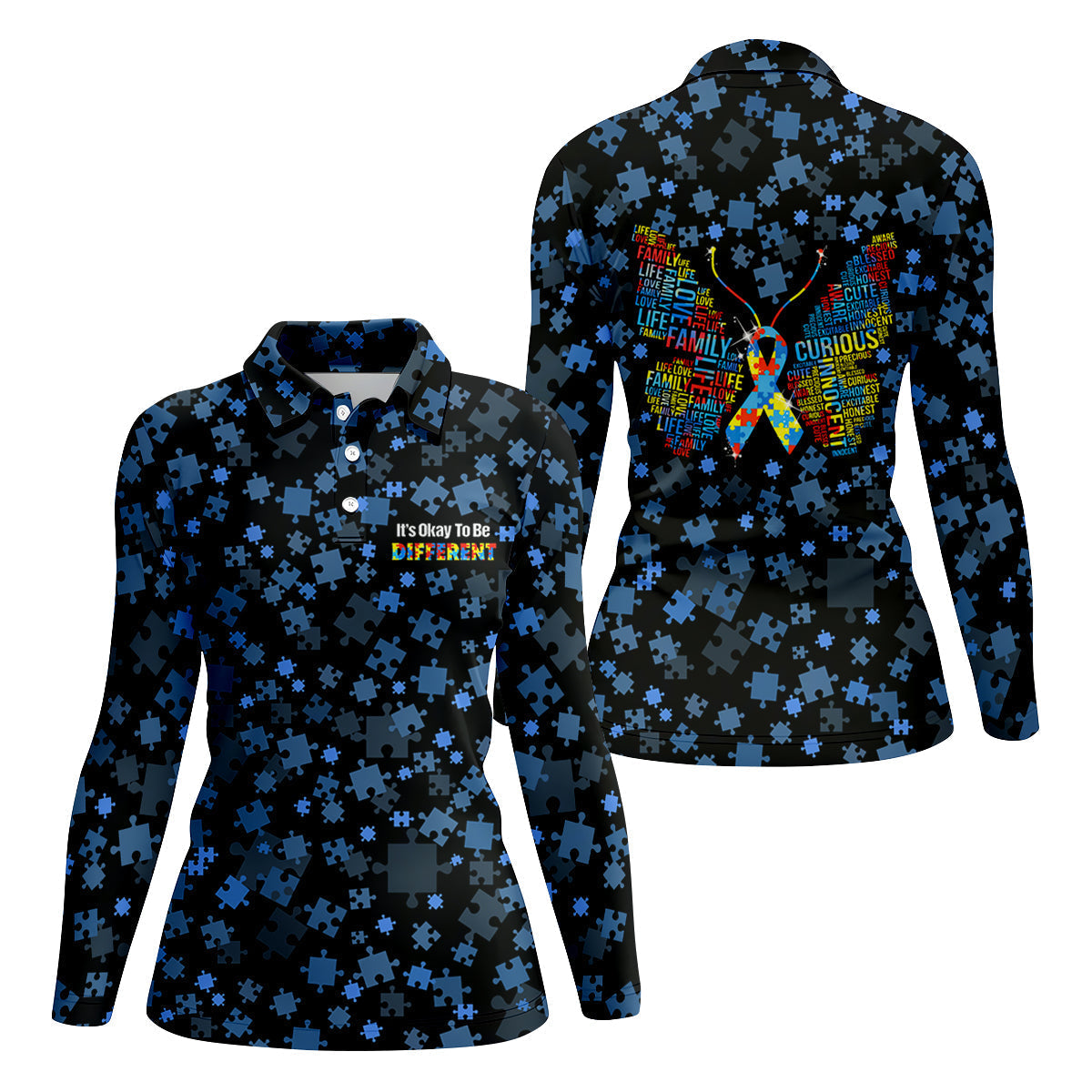 It's Okay To Be Different Autism Awareness Black And Blue Puzzle Pattern Ladies Golf Shirts, Golf Shirt For Women