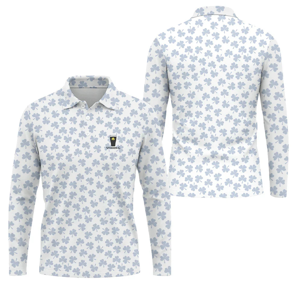 Vitamin G Shamrock Pattern Golf And Beer White Golf Shirt, St Patrick's Day Golf Shirt, Polo ShirtFor Men